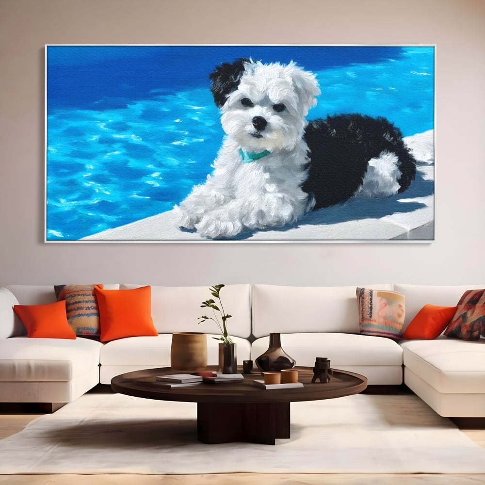 Tablou canvas cu pictura cu catel pufos langa piscina, in rama de aluminiu argintiu, pe perete intr-un living